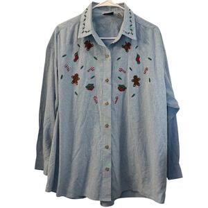 Nutcracker Womens 20W Light Blue‎ Denim Christmas Gingerbread Candy Cane Shirt